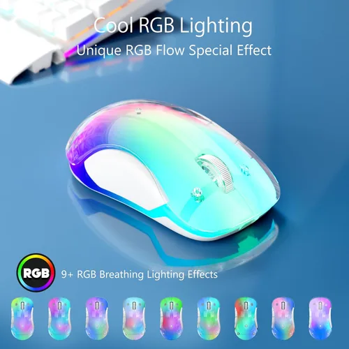 Vista 2 de memzuoix Mouse inalámbrico de 2.4G con cubierta personalizable y LED de 9 colores, ergonómico recargable, 1400 DPI, 5 botones, receptor USB para Azul