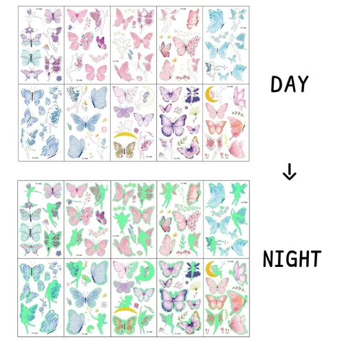 Vista 2 de 10 hojas de tatuajes temporales de mariposa que brillan en la oscuridad para niños, diseño de hadas, caricaturas, fluorescentes, para fiestas