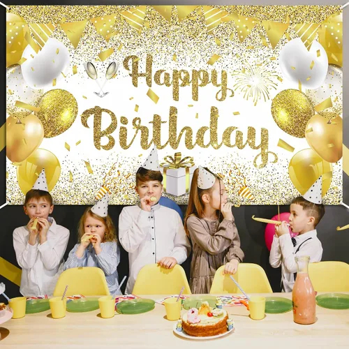 Vista 5 de Decoraciones de fiesta de feliz cumpleaños dorado y blanco, pancarta grande para mujeres, hombres y niñas, 70.8 x 43.3 pulgadas