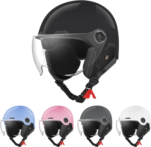 Vista 6 de Casco de motocicleta certificado DOT, estilo alemán, medio casco para bicicleta eléctrica y scooter con gafas parabrisas, casco retro genial