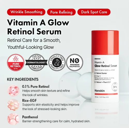 Vista 2 de Hanskin Suero facial de retinol puro 0.1% para cara, reduce las líneas finas y arrugas, signos de envejecimiento para el día y la noche, suavizante