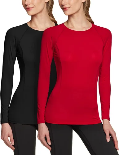 Vista 2 de ATHLIO Paquete de 2 camisetas deportivas de compresión para mujer, camisetas de entrenamiento de manga larga para entrenamiento, gimnasio, yoga