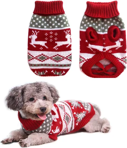 Vista 6 de Suéteres de Navidad para perros, ropa de invierno para mascotas, ropa de Navidad, abrigos cálidos clásicos, renos, copos de nieve, suéter de rombos