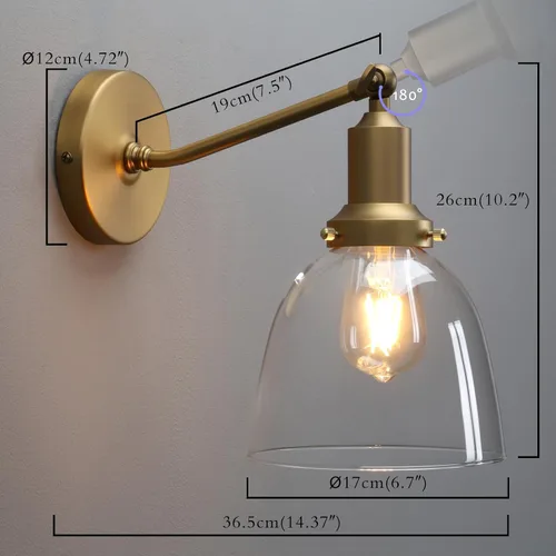 Vista 2 de PERMO Industrial Vintage Slope Pole Wall Mount Single Sconce with 6.7" Oval Dome Clear Glass Shade Antique Gold Wall Sconce Light Fixture