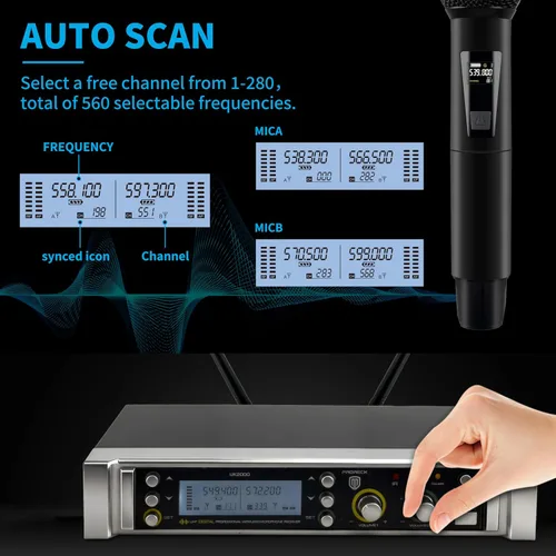Vista 3 de PRORECK UK-2000 UHF Sistema de micrófono inalámbrico de 2 canales con dos micrófonos de mano, rango de frecuencia seleccionable 560, perfecto
