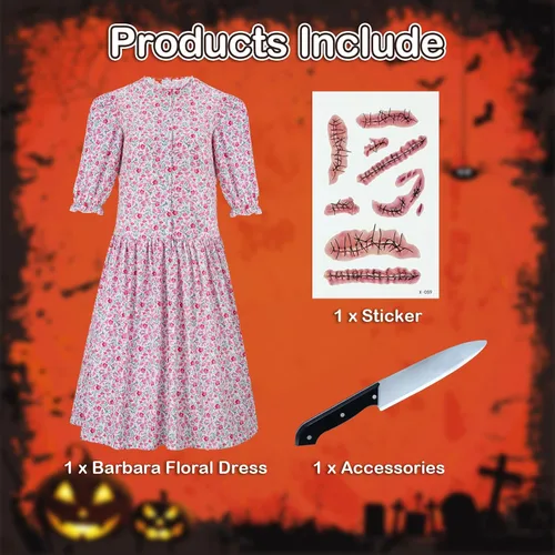Vista 5 de ZOKJFDK Disfraz de Barbara para mujer, vestido con estampado floral rosa, traje de cosplay de Halloween