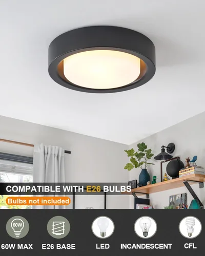 Vista 2 de Lámpara de techo de montaje al ras de 13 pulgadas, placa de acabado negro con pantalla de vidrio esmerilado, accesorio de iluminación de techo