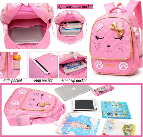 Vista 4 de MITOWERMI Mochila con ruedas para niñas, mochila escolar con cara de gato, mochilas con ruedas, equipaje de viaje de mano, A-2 Ruedas