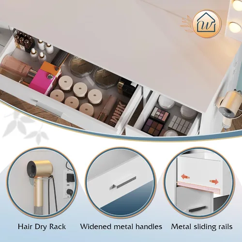 Vista 9 de WLIVE Escritorio de tocador con estación de carga, mesa de maquillaje con espejo iluminado y brillo ajustable, tocador blanco con 7 cajones