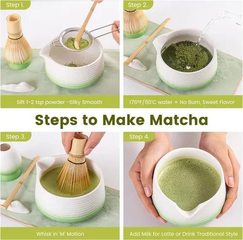 Vista 3 de Juego de 7 batidores de matcha, kit completo de ceremonia de té japonés con cuenco de cerámica (Chawan) y batidor de bambú, juego tradicional