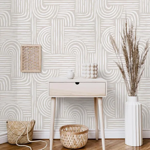 Vista 2 de VEELIKE Papel tapiz geométrico neutro para despegar y pegar, papel tapiz abstracto bohemio para dormitorio y baño, 17.7 x 118 pulgadas, papel tapiz