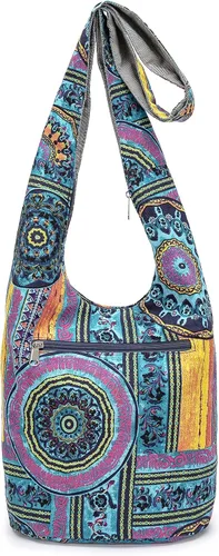 Vista 194 de Bolsa de hombro para mujer, de lona en estilo hippie/bohemio para llevar cruzada al hombro, disponible en diferentes colores y estampados