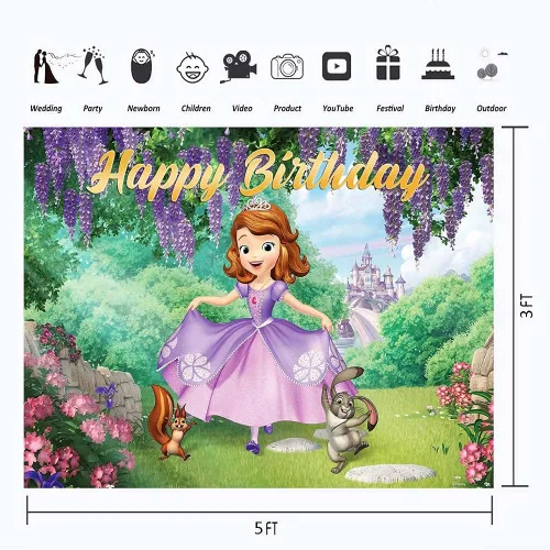 Vista 3 de Youran Sofia - Telón de fondo romántico con temática de primer cumpleaños, princesa morada, Forst Wonderland Animals Sofía, para el primer