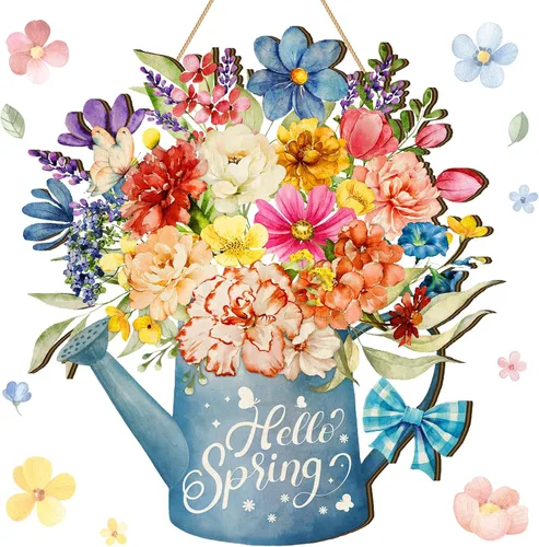 Vista 10 de Juexica Coronas de Pascua para puerta delantera, letrero de madera de bienvenida, colgador de puerta, decoración de primavera, placa colgante