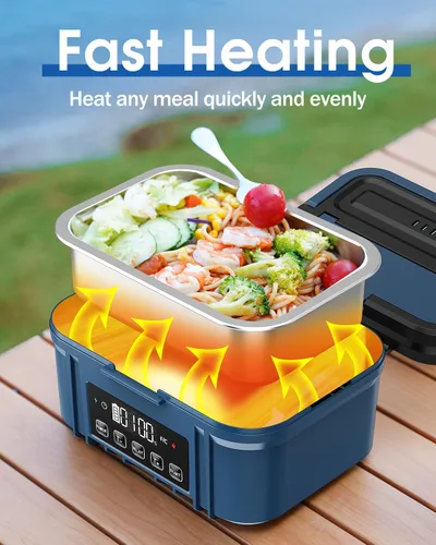 Vista 2 de Fiambrera eléctrica inalámbrica para adultos – Fiambrera calentada a batería con recipiente de acero inoxidable de 1.2 L, función de temporizador