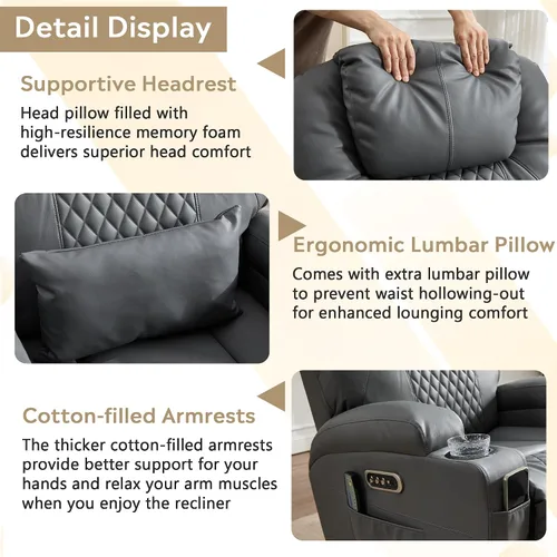 Vista 3 de Dual-Motor Power Swivel Rocker Recliner Chair with Heat & Massage Light Gray