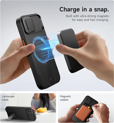 Vista 3 de SURITCH Funda para iPhone 13/14 con cubierta magnética para cámara y soporte ajustable, compatible con MagSafe, a prueba de golpes, funda protectora