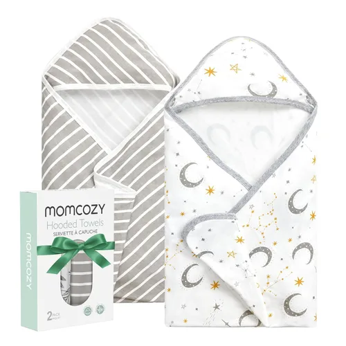 Vista 13 de Momcozy Toalla de bebé con capucha, ultra suave y absorbente, juego de toallas de baño grandes para mayor comodidad y suavidad en la piel del bebé
