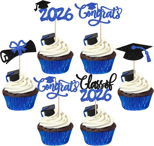 Vista 20 de 30 piezas de decoración para cupcakes de graduación para la clase de 2026 con purpurina brillante para el futuro diploma hecho 2026 Felicidades