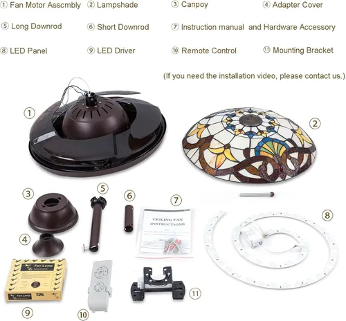 Vista 9 de TFCFL Ventilador de techo invisible estilo Tiffany de 42 pulgadas con luces y control remoto, cuchillas retráctiles, 3 velocidades, 3 cambios