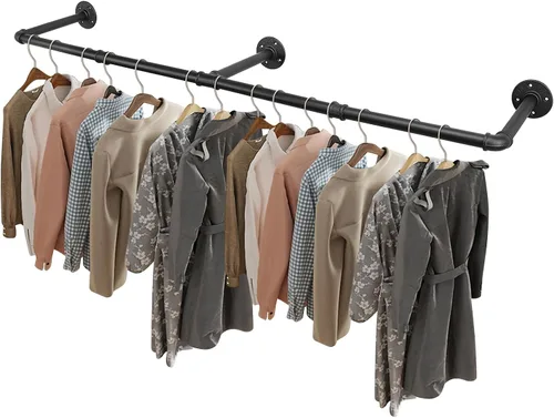 Vista 9 de Livabber Perchero Industrial de Tubería para Ropa, Perchero de Hierro Resistente Desmontable Montado en Pared, Barra de Ropa Rústica que Ahorra