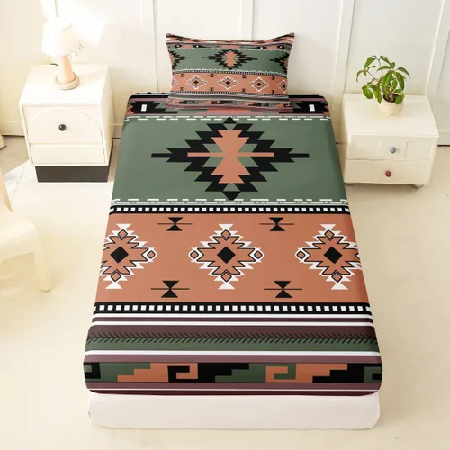 Vista 69 de Juego de ropa de cama de estilo bohemio occidental, tamaño individual, diseño de vaca atrapasueños, sábana bajera ajustable del suroeste, tribu