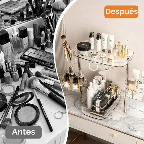 Vista 3 de Organizador de maquillaje giratorio de 360°, organizador de maquillaje con soporte para brochas y soporte de perfume, organizador de mostrador