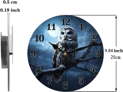 Vista 2 de AUUXVA Reloj de pared redondo acrílico con diseño de búho y luna de Halloween, pintura artística silenciosa sin tictac para niños, dormitorio, sala