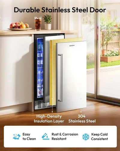 Vista 3 de EUHOMY Refrigerador de bebidas de 15 pulgadas, refrigerador de bebidas para 127 latas con puerta de acero inoxidable, enfriador de bebidas