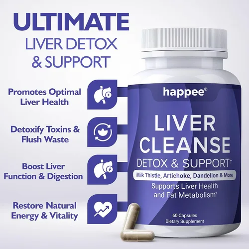 Vista 2 de Happee Suplemento de desintoxicación y reparación de limpieza hepática con extracto de cardo mariano, toxinas y renueva la salud, vegano, fabricado