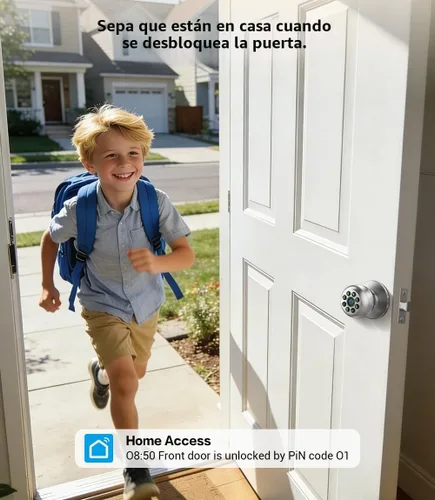 Vista 3 de Cerradura inteligente de perilla de puerta con teclado y acceso a la aplicación, color plateado brillante Fingerprint, Keypad, App with Auto-Lock.