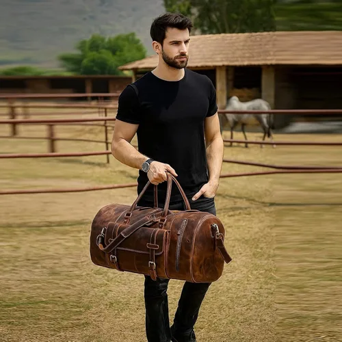 Vista 3 de Bolsa de viaje de cuero grande Bolsa de lona Bolsa de cabina de vuelo deportivo de gimnasio Bolsa de cuero Bolsa de equipaje grande para el fin