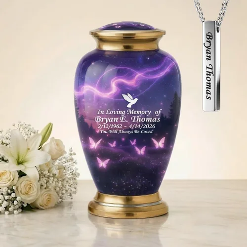 Vista 16 de Juego de 6 urnas de cremación decorativas personalizadas con diseño de mariposa azul para cenizas humanas, incluye 1 urna grande para cenizas