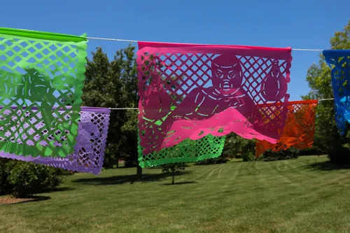 Vista 9 de Papel Picado de 16 pies, pancarta mexicana, pancarta de plástico Lucha Libre, decoraciones de pancarta mexicana, suministros de fiesta de Luchador