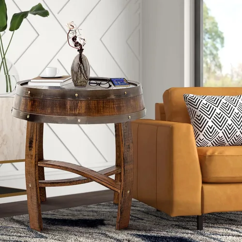 Vista 4 de Mesa de centro de granja, mesa auxiliar redonda rústica – Mesa auxiliar de madera maciza para sala de estar, mesa decorativa de barril de whisky