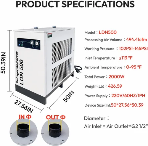 Vista 2 de Secador de aire refrigerado 494.41CFM para compresor de aire 220V/1PH 102