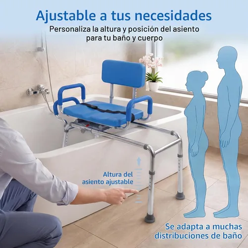 Vista 8 de Banco de transferencia deslizable para ducha con asiento giratorio Carousel, bariátrico, acolchado premium con apoyabrazos giratorios, alta Azul