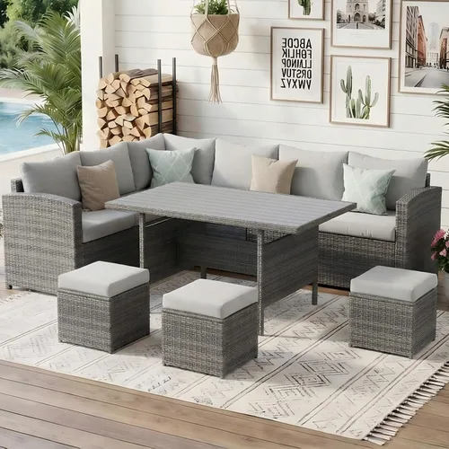 Vista 11 de Wisteria Lane Juego de muebles de patio de 7 piezas, juego de comedor de mimbre con respaldo alto y curvo, para todo tipo de clima, muebles de Gris