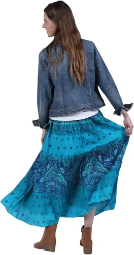 Vista 4 de CATALOG CLASSICS Falda campesina para mujer, faldas bohemias para mujer, falda larga escalonada, Azul Patchwork