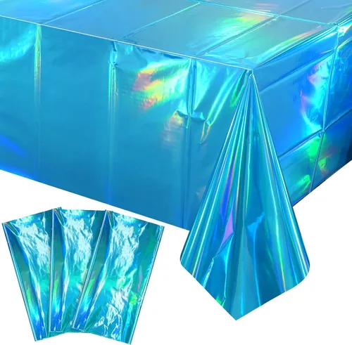 Vista 18 de Paquete de 3 manteles de plástico negro iridiscente, manteles rectangulares desechables con láser, mantel de lámina holográfica para Halloween