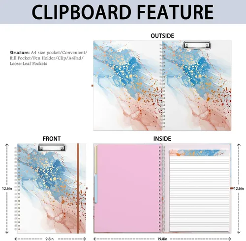 Vista 2 de Rimilak Spiral Clipboard Folio with Refillable Lined Notepad, 14.5 x 9.8 In, Hardcover Cover with 5 Interior Pockets, Elastic Band and Pen Loop