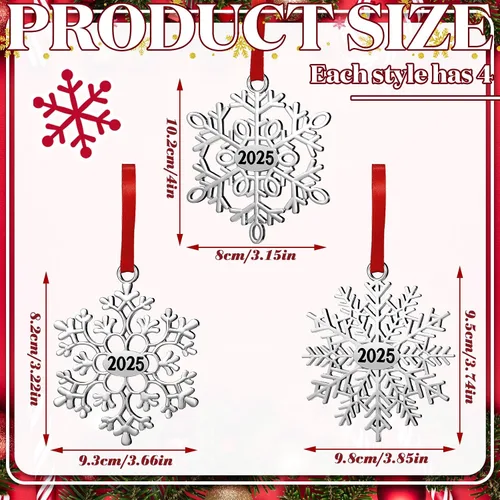 Vista 3 de Hotop 12 piezas Adorno de Navidad de copo de nieve de metal 2025 para árbol de Navidad, adornos colgantes de Navidad para árbol de Navidad, adornos