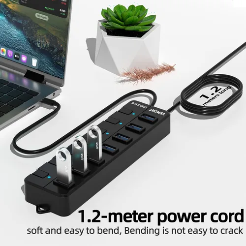 Vista 3 de Concentrador USB, concentrador USB 3.0 de 7 puertos, divisor USB VEMONT con interruptores y luces individuales de encendido/apagado, cable largo USB