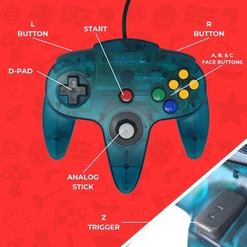 Vista 3 de Old Skool Joystick de mando clásico con cable compatible con Nintendo 64 N64 Game System - Turquesa