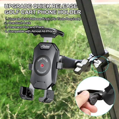 Vista 2 de Roykaw Soporte de teléfono para carrito de golf compatible con EZGO/Club Car/Yamaha, liberación rápida y bloqueo de un solo toque/selección y lugar