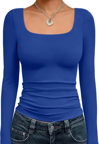 Vista 34 de Trendy Queen - Camisas ombligueras para mujer, manga larga, cuello cuadrado, básicas, para salir, de invierno, Y2K Albaricoque