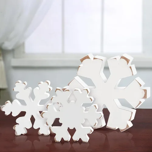 Vista 12 de Bucherry 3 Piezas Decoración de Copos de Nieve de Madera de Invierno Letreros de Mesa de Copos de Nieve de Invierno Rústicos Bloques de Madera