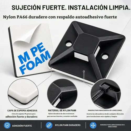 Vista 3 de Kit de soportes de cable con pegamento trasero autoadhesivo fuerte - 100 piezas de clips de gestión de cables con bridas de 6 pulgadas, soportes