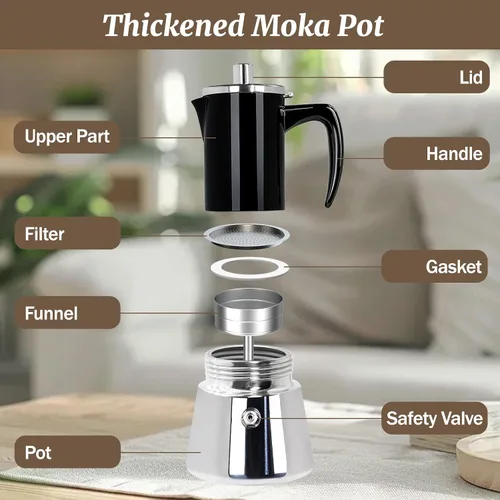 Vista 3 de 4 tazas espesado Moka Pot 304 Acero Inoxidable 6.8 fl oz Cafetera italiana de café expreso, cafetera, cafetera de moca para estufa de inducción
