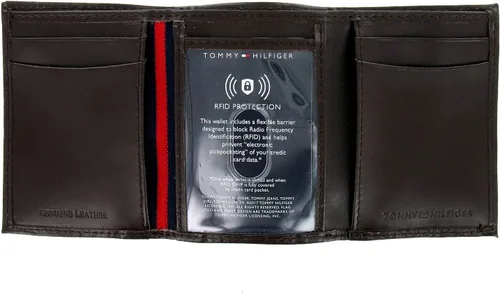 Vista 2 de Tommy Hilfiger Billetera de tres pliegues de cuero genuino marrón para hombre, Cartera Rfid